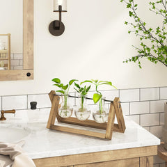 Stacja do rozmnażania hydroponicznego Bamworld z drewnianym stojakiem - 3 szklane wazony do uprawy roślin wodnych i dekoracji wnętrz