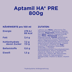 Aptamil HA PRE – Anfangsmilch von Geburt an, Mit DHA, Nur Lactoza, Ohne Palmöl, Babynahrung, Milchpulver, 1x 800 g