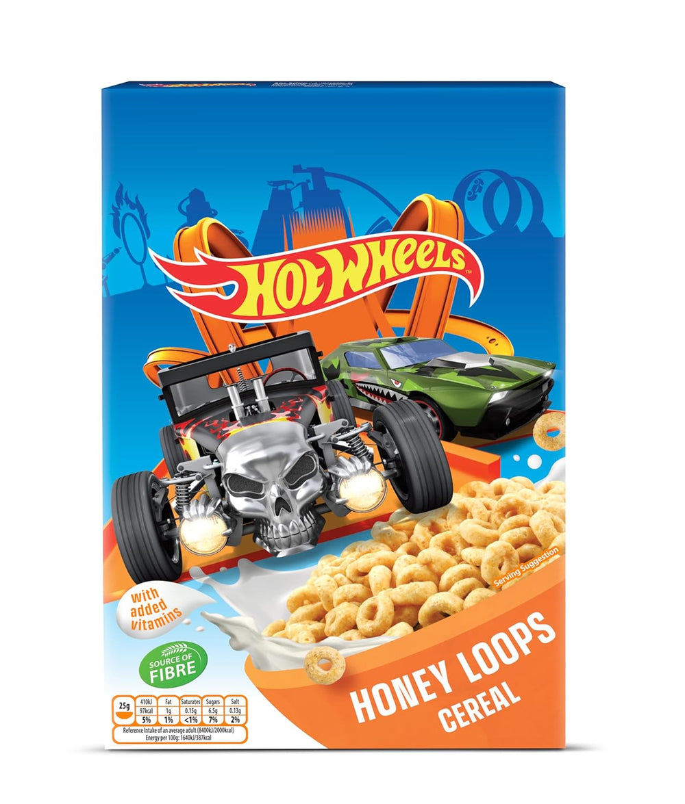 Hot Wheels Honey Loops Chrupiące pełnoziarniste płatki śniadaniowe z dodatkiem witamin, 1 opakowanie (1 x 375 g)