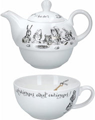Set ceainic și ceașcă Alice în Țara Minunilor pentru 1 persoană în cutie cadou, serviciu de ceai din porțelan fin, alb, 250 ml
