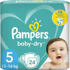 Pieluchy Pampers dla niemowląt rozmiar 5 (11-16 kg), 24 sztuki, aż do 12 godzin ochrony przed zaciekami