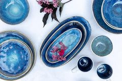 MÄSER 934092 Seria Frozen, Set de veselă ceramică pentru 4 persoane, Serviciu combinat cu 16 piese cu forme organice, Serviciu cu pete albastre, Gresie, Albastru închis