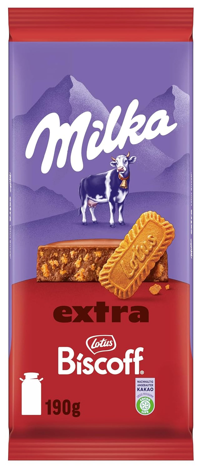 Milka Extra Biscoff Chocolate – Alpejska czekolada mleczna z chrupiącymi kawałkami ciastek Lotus Biscoff – 190g
