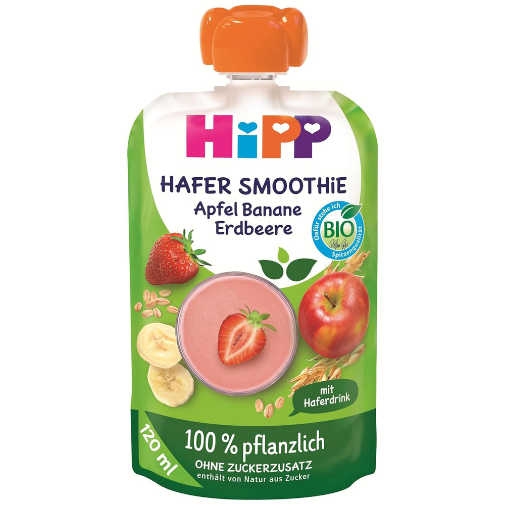 HiPP Bio Quetschie Hafer Smoothie Apfel Banana Erdbeere mit Haferdrink (6 x 120ml), ab 1 Jahr, 100% pflanzlich, ohne Zuckerzusatz, wegańskie, w najlepszej jakości biologicznej