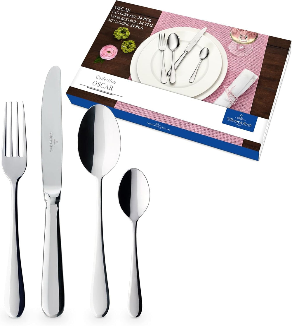 Villeroy & Boch – Oscar Tafelbesteck 24 Teilig 6 Personen, Spülmaschinenfest, Rostfrei, Besteck Set, Essbesteck, Messer Gabel Löffel Set, Zestaw sztućców, Besteckset Edelstahl, Edelstahl Kitchen Naty Shop Single 24-Teilig