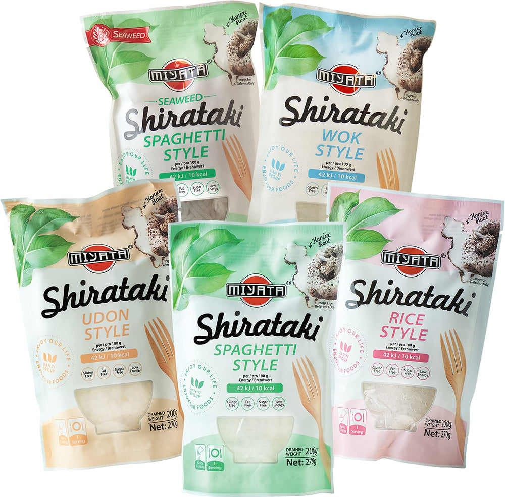 Pudełko mieszane Miyata Shirataki, 5 różnych odmian, makaron z mąki Konjac, 5 opakowań (5 x 270 g)