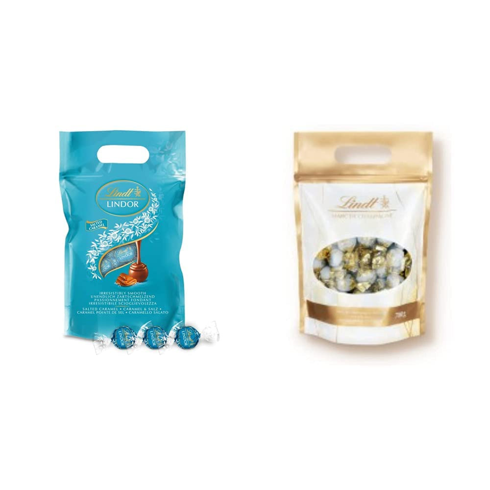 Kulki czekoladowe LINDOR z solonym karmelem | ok. 80 kulek z mlecznej czekolady z nadzieniem solonym karmelem | Opakowanie zbiorcze i kulki czekoladowe Marc de Champagne | 700 gr