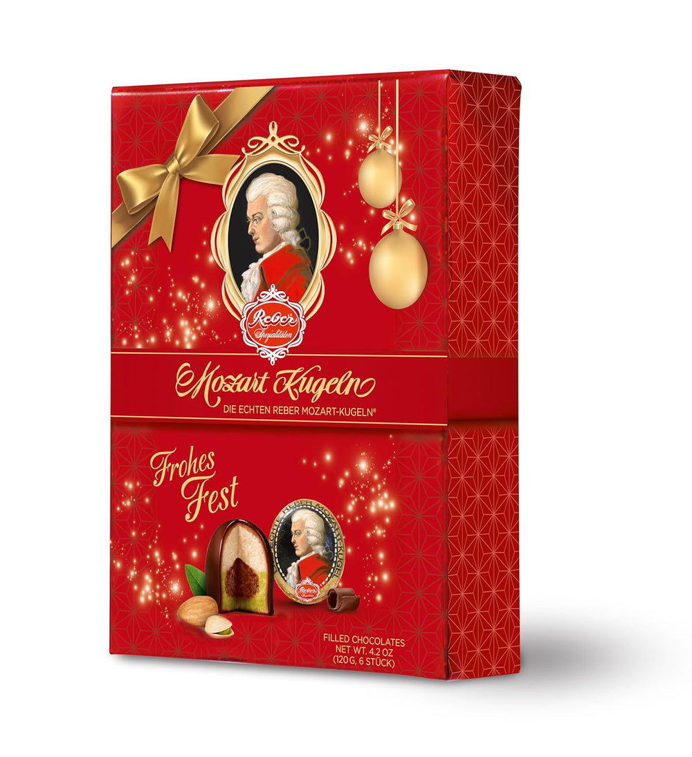 Reber Authentic Mozart Balls Christmas Edition Praliny z ciemnej czekolady Marcepan Nugat Idealny prezent na Boże Narodzenie w zestawie 12 sztuk