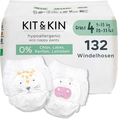 Pieluszki Kit & Kin Premium Eco, rozmiar 4 (9-16 kg), 132 pieluchy, na bazie roślin i hipoalergiczne, niezawodna ochrona przed wyciekami, wegańskie i wolne od okrucieństwa