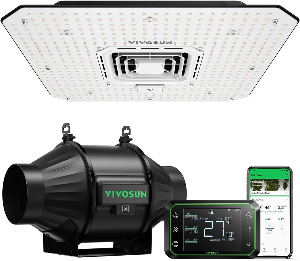 Inteligentny system uprawy VIVOSUN z lampą LED AeroLight A100SE o mocy 100 W, zintegrowanym wentylatorem obiegowym, wentylatorem kanałowym AeroZesh T4 100 mm i wydajnością 357 m3/h oraz kontrolerem GrowHub E42A do uprawy w namiotach i pomieszczeniach zamkniętych