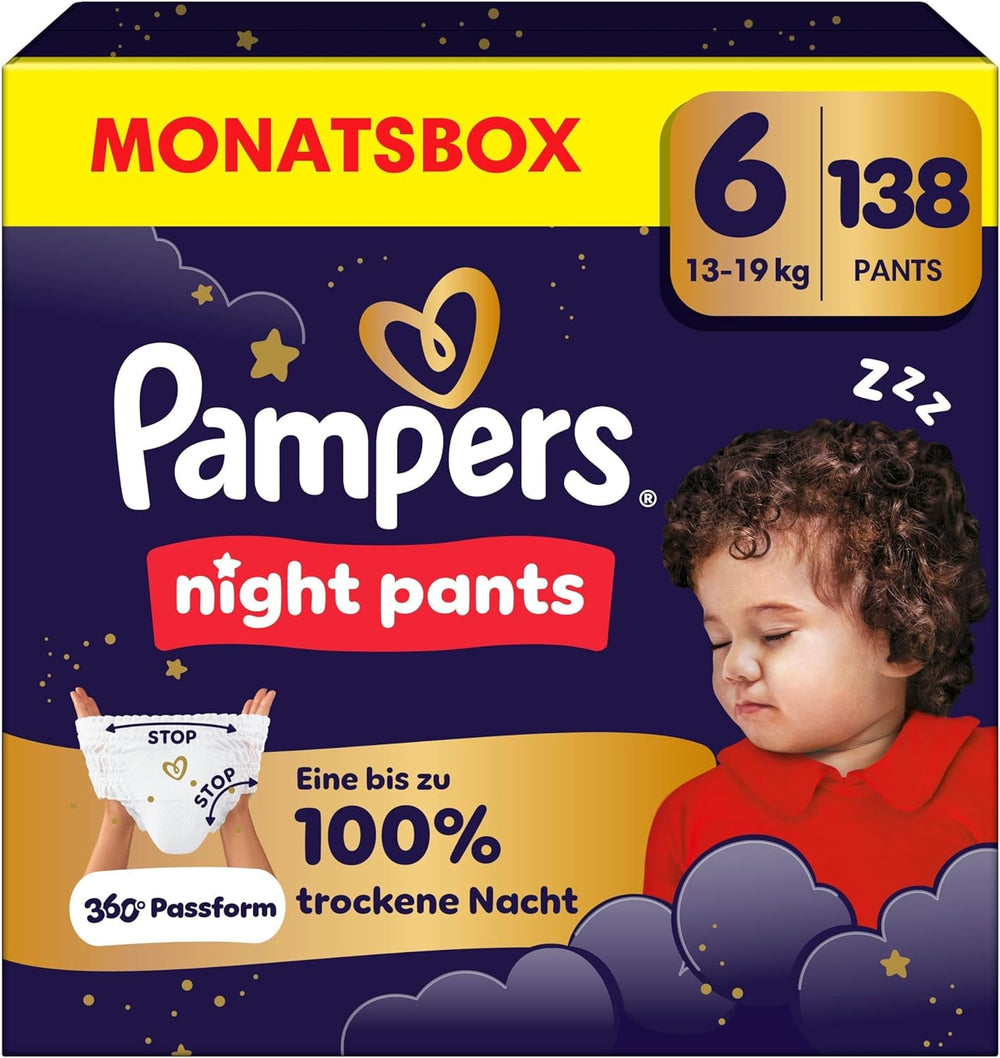 Pampers Night Pants rozmiar 6, 138 sztuk, 13kg-19kg, zapewniają dodatkową ochronę przez całą noc.