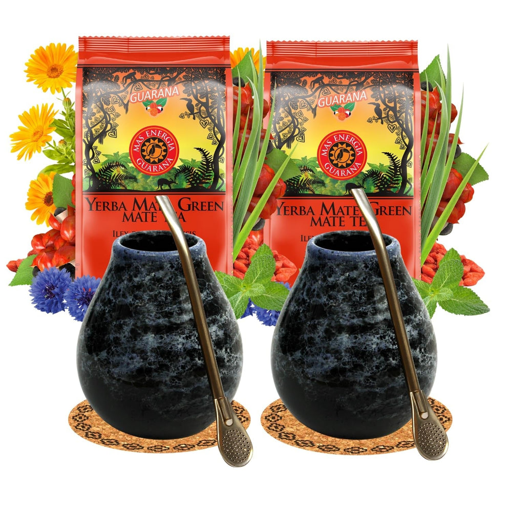 Set de ceai Yerba Mate pentru 2 persoane – Mas Energia Guarana 400 g – Cană din ceramică Marmol Blue 350 ml – Bombilla din oțel inoxidabil 19 cm – Ceai vrac 2 x 200 g
