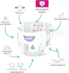 Pieluchy Bella Baby Happy Premium, rozmiar 6, Junior Extra, 15+ kg, 96 sztuk, pieczęć DERMATEST i OEKO-TEX, pieluchy jednorazowe