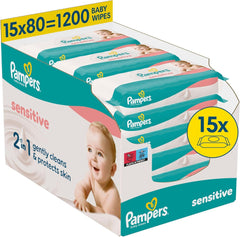 Chusteczki dla niemowląt Pampers Sensitive, 15 opakowań po 80 chusteczek, 1200 chusteczek dla niemowląt, delikatne oczyszczanie i ochrona skóry 2 w 1