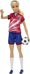 Seria Barbie You Can Be Anything, Jucătoare de fotbal, Jucătoare de fotbal cu păr blond, Tricou roșu și albastru, Minge, Accesorii, Păpușă inclusă, Cadou pentru copii cu vârsta de 3 ani și peste, HCN17