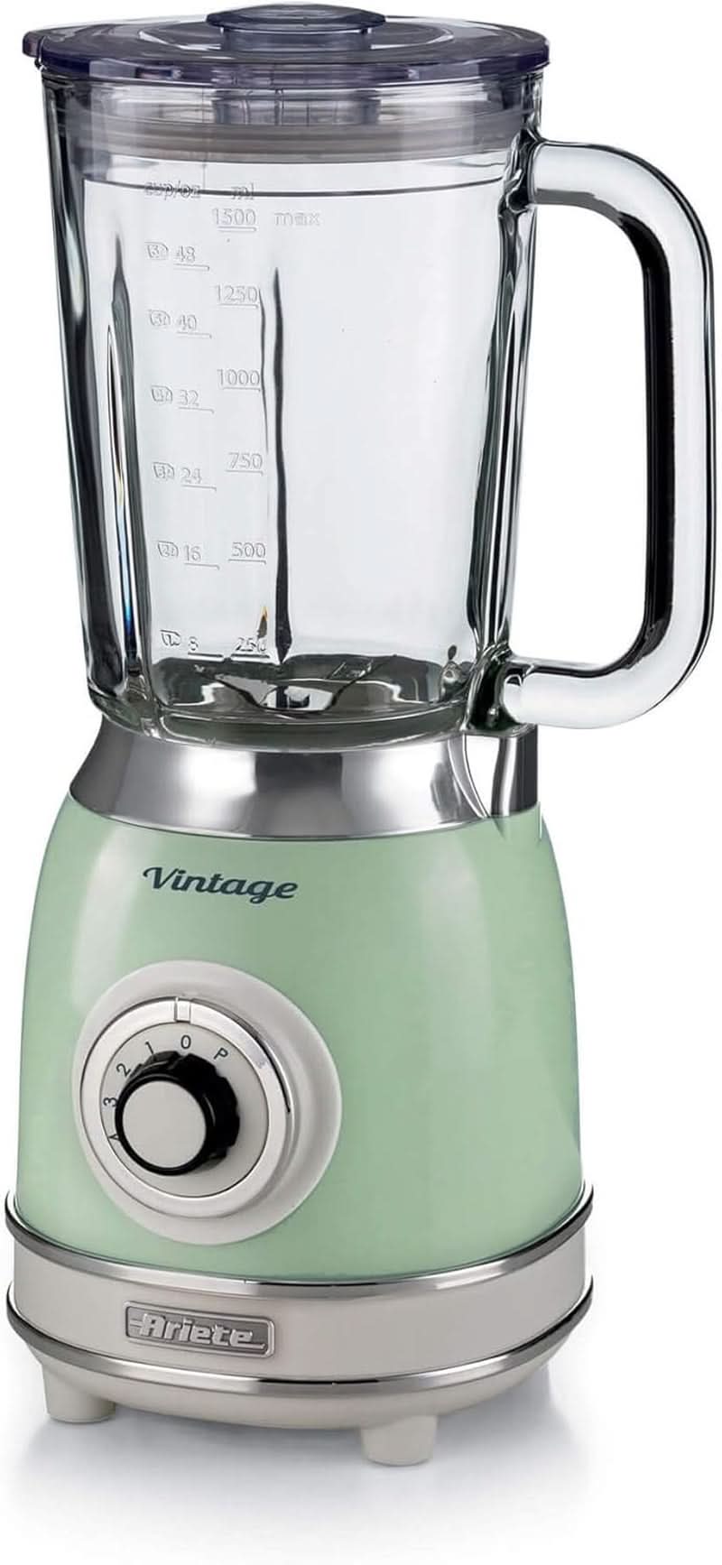 Ariete Vintage 583 Mixer Aus Glas, Retro Multifunktionsmixer Mit 4 Klingen, 4 Geschwindigkeiten + Pulse-Funktion, Funkcja kruszarki do lodu, 1,5 litra Fassungsvermögen, 1000W, Green Kitchen Naty Shop Green Single