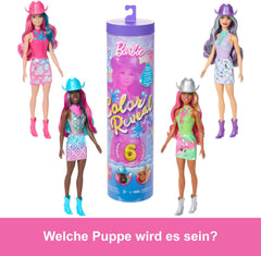 Păpușă Barbie Color Reveal și accesorii cu 6 surprize, serie Disco Star cu strălucire metalică și top care își schimbă culoarea (stilurile pot varia), JCP01, 32 cm
