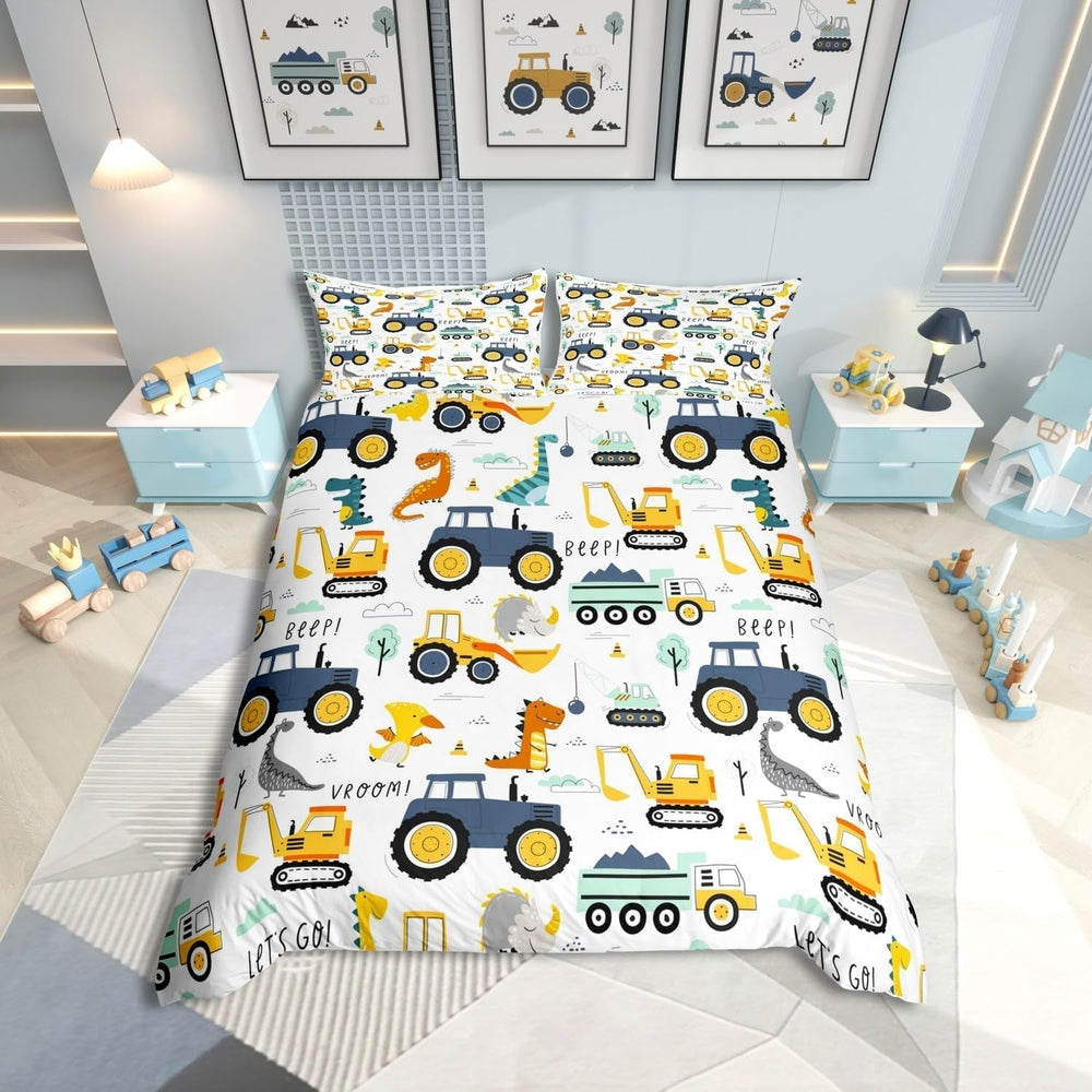 Zestaw Jungen Cartoon Auto Bedtuchen 135X200,Kinder Bau Fahrzeuge Tröster Abdeckung Für Kind Kleinkind Teens,Dinosaurier Bettbezug,Traktor Maschinerie Bagger Bettdecke Abdeckung,Lkw Autos Bedtuchen Naty Shop Multi 15 135*200+80*80*1