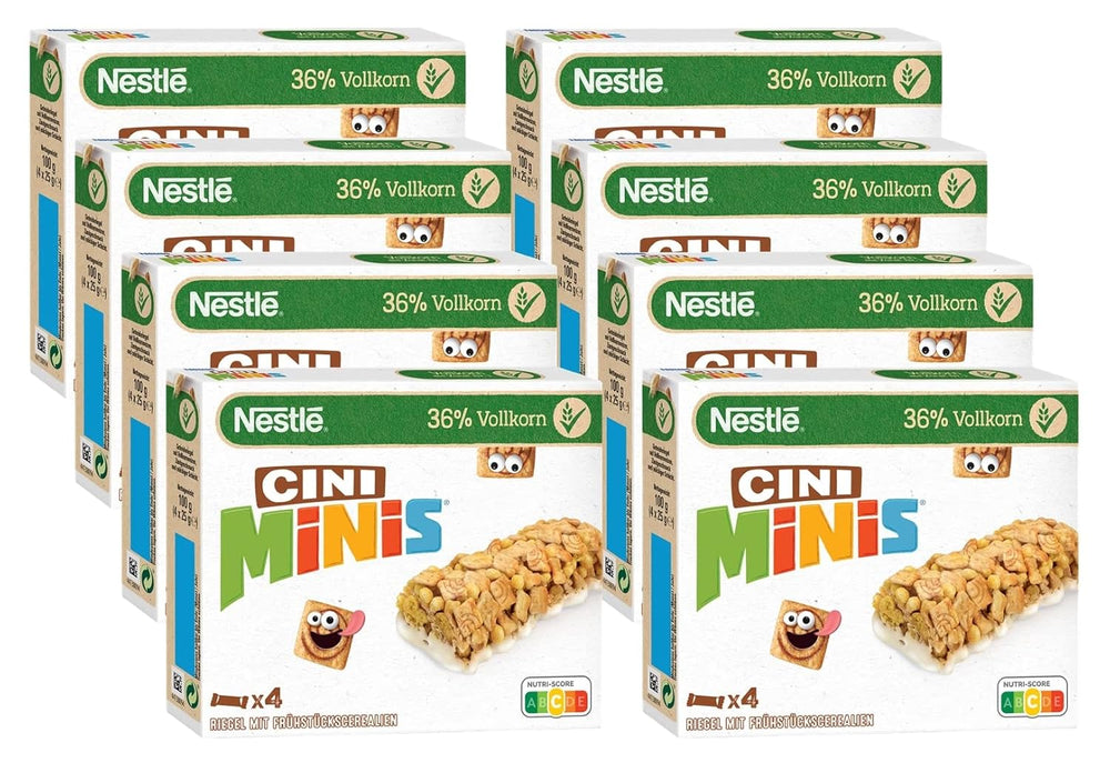 NESTLÉ CINI MINIS Batony cynamonowe, pełnoziarnista chrupiąca przekąska z wapniem, 8 opakowań (4 x 25 g każde)