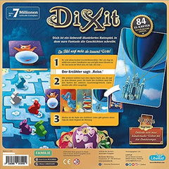 Asmodee, Dixit, wersja niemiecka, gra podstawowa, obraz wart tysiąca słów, kreatywna gra rodzinna dla 3–8 graczy w wieku 8+, gra roku 2010 z 30-minutowym czasem gry