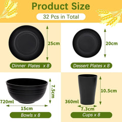 Set de veselă pentru camping, 32 de piese, pentru 8 persoane, set de veselă din plastic ușor și reutilizabil, inclusiv boluri, farfurii, căni, veselă din plastic ecologic, incasabilă, pentru picnicuri