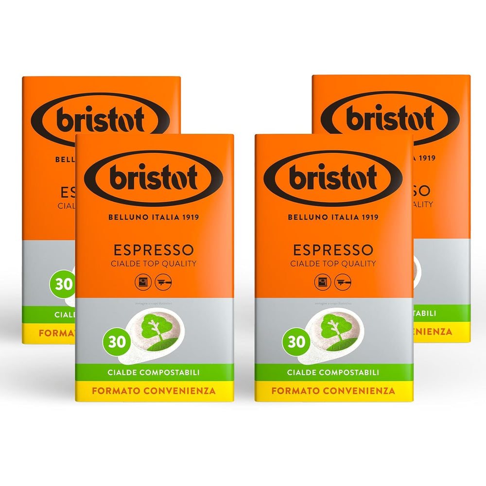 Bristot, 120 Espresso-Kaffeekapseln – eine Mischung aus Arabica-Kaffee aus Brasilien und Zentralamerika, mit Noten von Zartbitterschokolade, Haselnuss und Karamell – 4 Packungen mit je 30 Kapseln