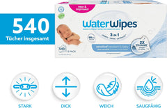 WaterWipes Sensitive+ Chusteczki nawilżane dla noworodków i niemowląt, 540 sztuk (9 opakowań), 3 w 1 czyszczenie, pielęgnacja, ochrona, 99,9% wody, bez substancji zapachowych