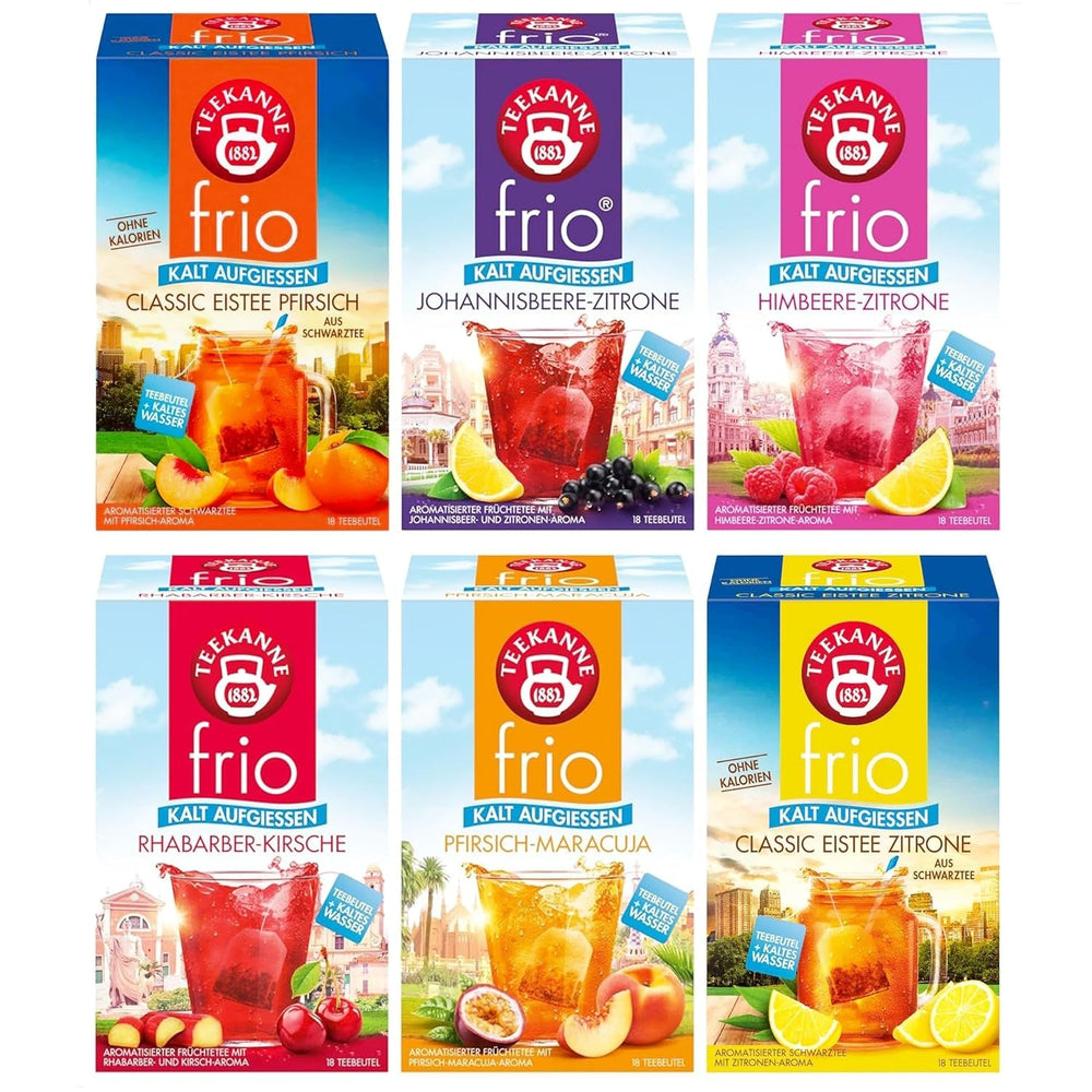 Ceai Teekanne Frio în pachet de 6 fructe, sortimente: zmeură-lămâie, coacăze-lămâie, piersică-maracuja, rubarbă-cireșe, ceai rece lămâie & piersică, câte 18 pliculețe de 2,5 g fiecare