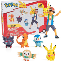 Bitwa Pokémon gotowa! 6-częściowy zestaw figurek - 11,4 cm Ash i wystrzeliwujący Pikachu, 5,1 cm Charmander, Rowlet, Piplup, Zorua - Oficjalna licencja - Prezent wielkanocny dla dzieci, chłopców i dziewcząt Figurki Naty Shop Domyślny tytuł
