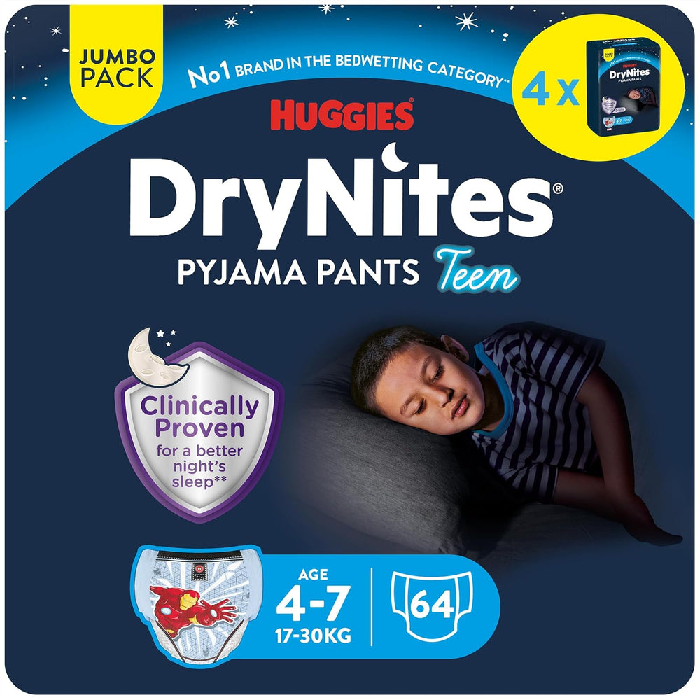 Scutece absorbante DryNites pentru noapte, pentru enurezis, pentru băieți 4-7 ani (17-30 kg), pachet lunar jumbo, 64 bucăți
