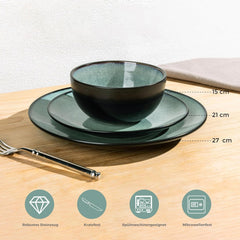 Set de veselă GBhome din gresie pentru 4 persoane, 12 piese, glazură reactivă, lucrat manual, potrivit pentru cuptorul cu microunde și mașina de spălat vase, set de bol și farfurie, culoare petrol, GDW025WB-EU