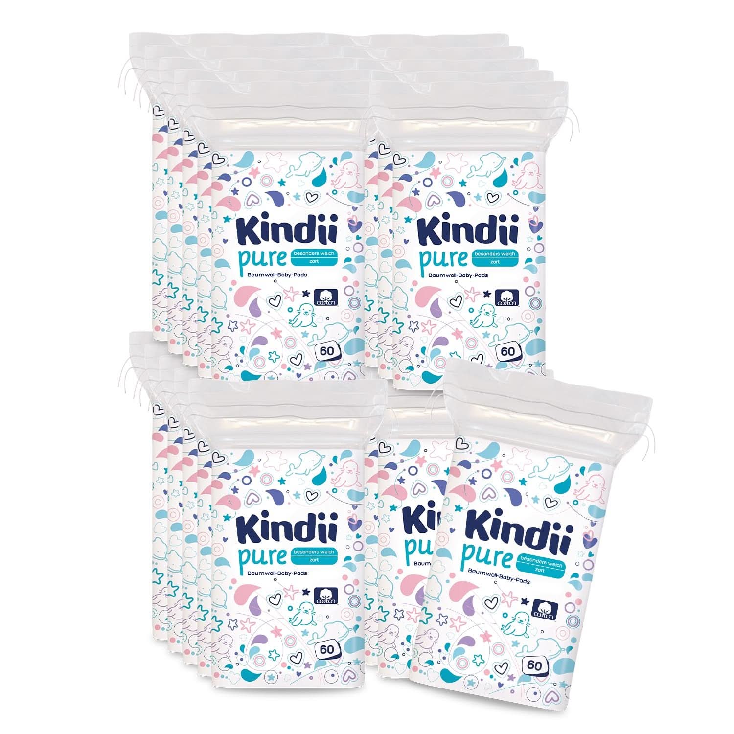 Tampoane Kindii Pure Baby - 100% bumbac - Tampoane pătrate mari pentru pielea sensibilă - Înlocuiește șervețele umede - Moale - Margini moi Servetele Umede Bebelusi Naty Shop 60