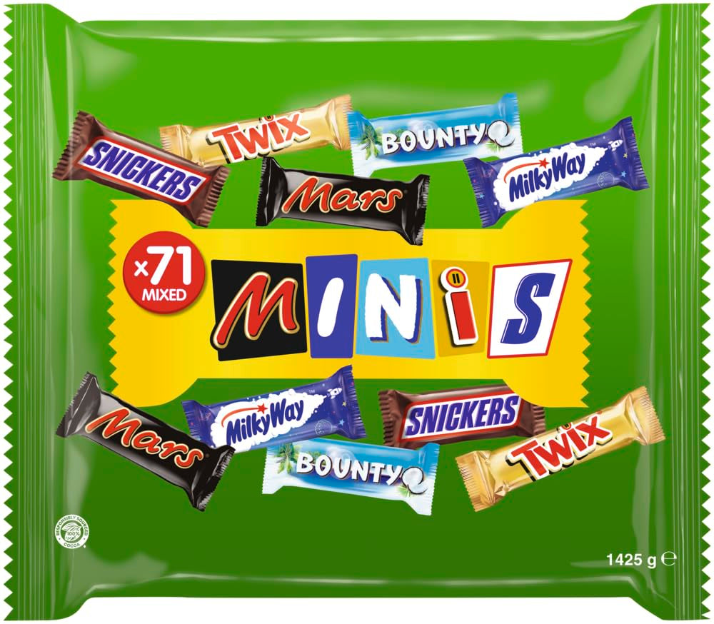 Mini opakowanie czekoladowe mieszane, 71 mini czekoladowych przekąsek (Mars, Snickers, Bounty, Twix, Milky Way) w formie słodyczy, idealne na wieczór futbolu amerykańskiego (1400g)