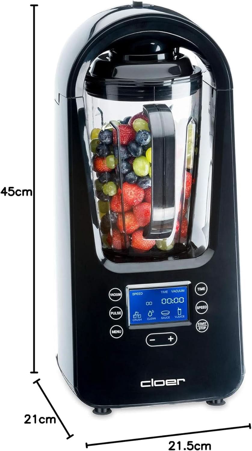 Cloer 6980 Vakuum Standmixer / 800 Watt / 21.000 U/Min. / Inkl. Vorratsbehälter/Vakuumventil/Automatikprogramme/Eis-Crush-Funktion/Reinigungsfunktion/Schwarz, 1500 Milliliters Bucatarie Naty Shop