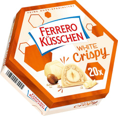 Ferrero Küsschen White Crispy - Prezent na Walentynki dla niego i dla niej - Chrupiące prażone orzechy laskowe w jasnej śmietanie z chrupiącymi chipsami, oblane białą czekoladą, 1 opakowanie 20 pojedynczych pralinek