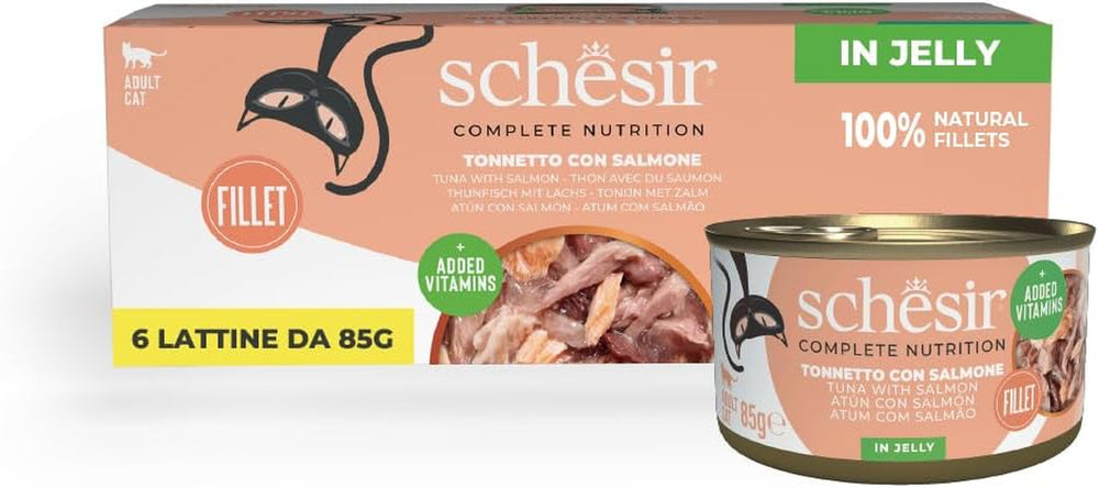 Ton cu somon în jeleu, hrană umedă completă pentru pisici, la conservă, cu vitamine adăugate, 100% naturală, 6 x 85 g