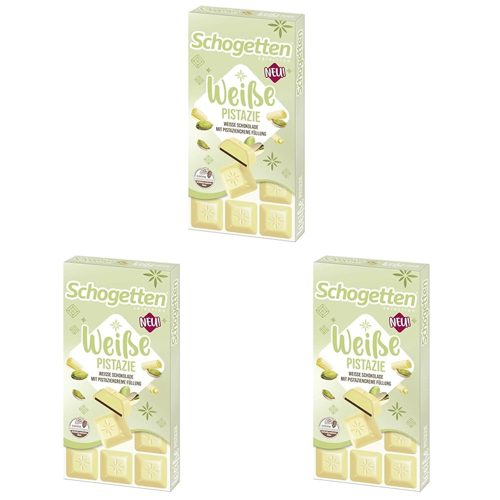 Schogetten Fistic Alb | Ciocolată albă cu umplutură de cremă de fistic | 100 g | Porționat convenabil (pachet de 3)
