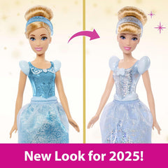 Mattel DISNEY Prințesa Cenușăreasa - Păpușă articulată cu ținută strălucitoare, pantofi detașabili și diademă, păr pieptănat pentru distracție de coafare, pentru copii cu vârsta de 3 ani și peste, HLW06