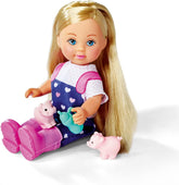 Simba 105733598 - Evi Love Baby Pigs, Puppe mit süßer Latzhose und Vier Babyschweinen, mit Ępfel, Trinkflasche und Gehege, 12cm Spielpuppe, ab 3 Jahren