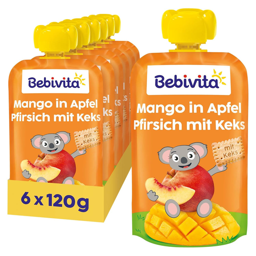 Mango w sosie jabłkowym i brzoskwiniowym z torebką ciastek (6 x 120g), bez dodatku cukru, z łagodnych owoców i wartościowych zbóż, idealne na suchą przekąskę i w podróży.