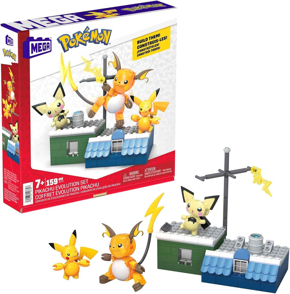 Mega Brands POKÉMON Pikachu - Evolutionsset mit Pichu, Pikachu und Raichu mit thematisch passender Umgebung und Battle-Effekt-Elementen, für Kinder ab 6 Jahren, HKT23