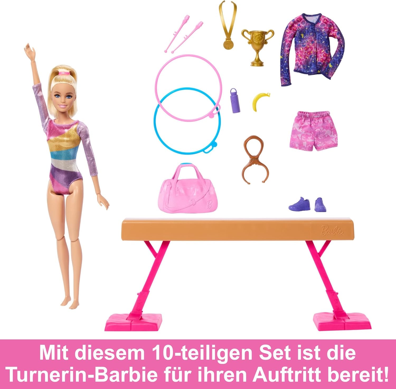 Barbie Gym Fun Playset cu bară de echilibru și peste 10 piese tematice potrivite pentru povești victorioase, HRG52 Papusi Naty Shop