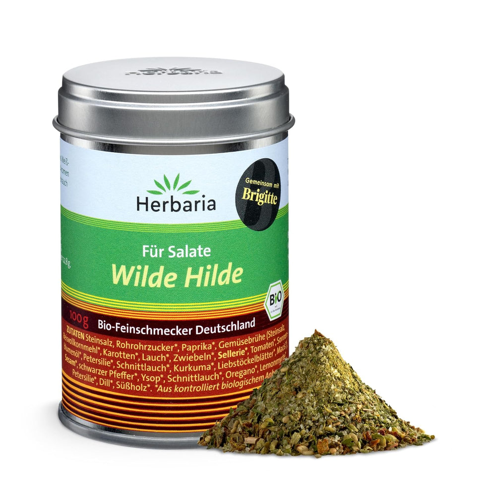 Herbaria Wilde Hilde bio 100g M-Dose-fertige Bio-Gewürzmischung - Saladgewürz für ausgefeilte Salade - mit erlesenen Składnik - w nachhaltiger Aromaschutz-Dose
