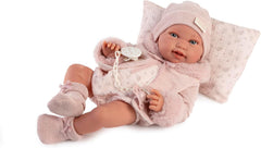 Antonio Juan Puppen für Neugeborne, Winterpfeife, realistyczny Babypuppe, 42 cm, z różowym ubrankiem, w zestawie smoczek i poduszka