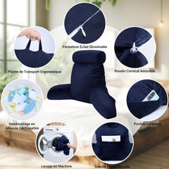 Pernă de citit INFANZIA cu cotiere, spumă cu memorie, suport ergonomic pentru canapea și pat, albastru marin