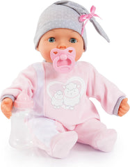 Bayer Design 93829AA Păpușa interactivă My Piccolina cu funcție, Păpușă vorbitoare, Mișcă gura, 38 cm, Suzetă, Biberon, Roz, Gri