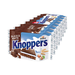 Knoppers Biało-Czarny – 8 x 25g – Plastry wafla nadziewane waflami ciemnego kakao, kawałkami czarnych herbatników, mlekiem i kremem nugatowym