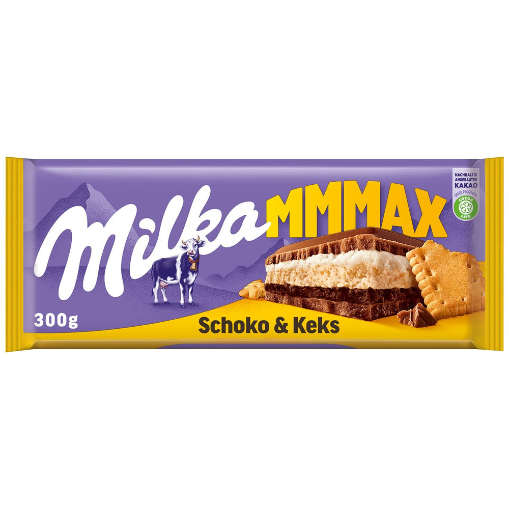 Milka Mmax Chocolate and Biscuits – Alpejska czekolada mleczna z nadzieniem mlecznym i chrupiącymi kawałkami ciasteczek – 300g