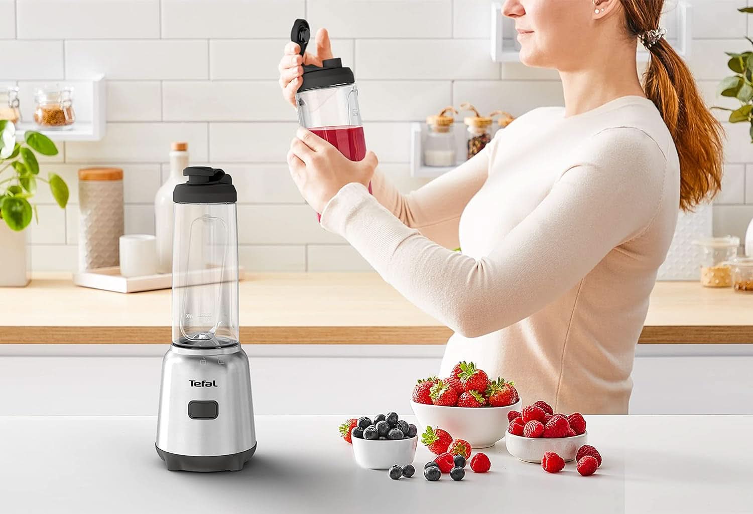 Tefal BL15FD Mix Und Move Mini-Standmixer, 300 Watt, 2 Flaschen To-Go in Premium Tritan, Kompaktes Design, Einfach Zu Reinigen, Abnehmbare Klingen, Einknopfbedienung, Silber/Grau Mama si Copilul Naty Shop