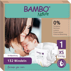 Pieluszki dziecięce Bambo Nature, rozmiar 1 (2-4 kg), 132 sztuki w pudełku miesięcznym | Pieluszki Premium ze zwiększoną ochroną przed wyciekami | Najwyższy komfort i swoboda dla noworodków | Pieluchy testowane dermatologicznie